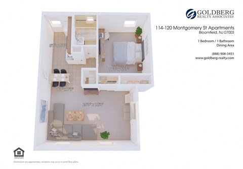 Floor plan for 1 bed, 1 bath, 671 sqft